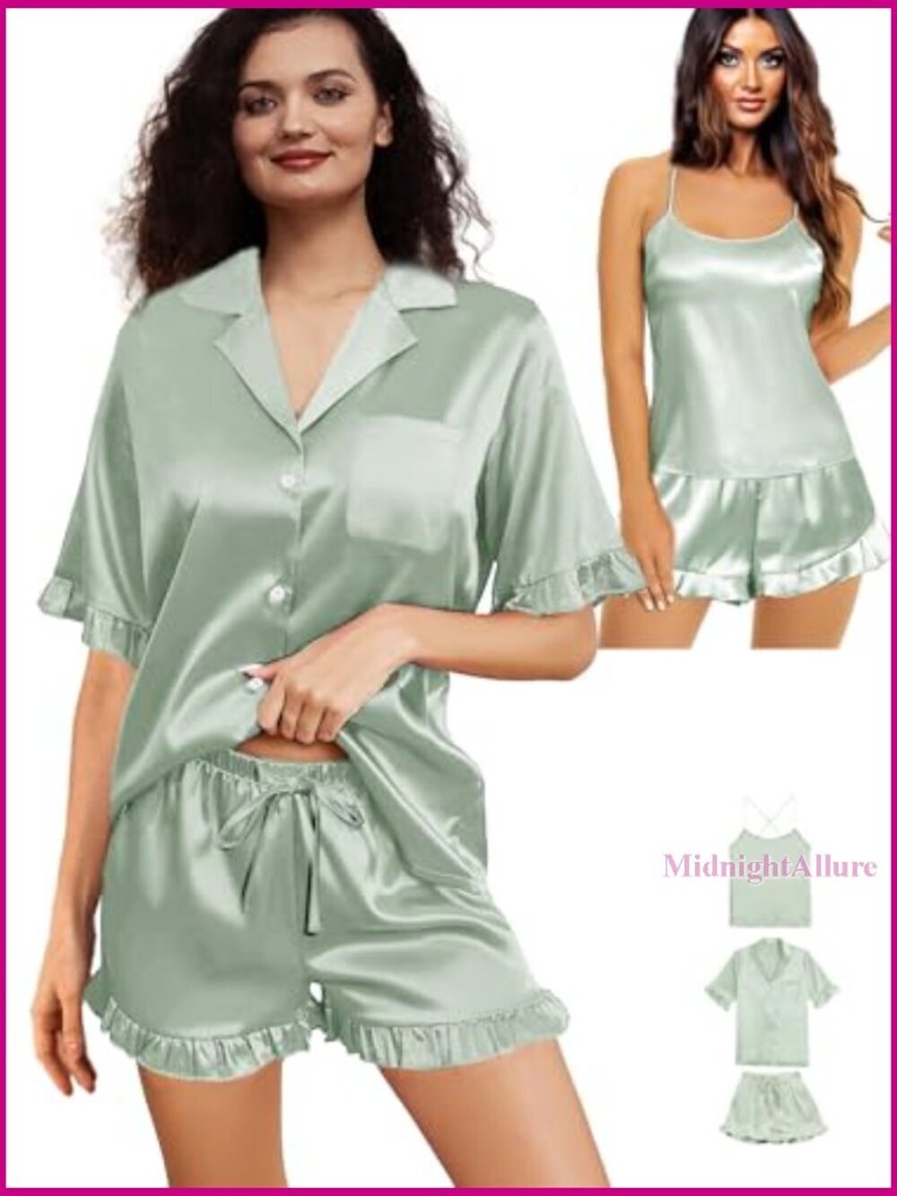 Silk Satin Pajama Set with Cami Top, Ruffle Trim, XS-4XL - Picture 5 of 6